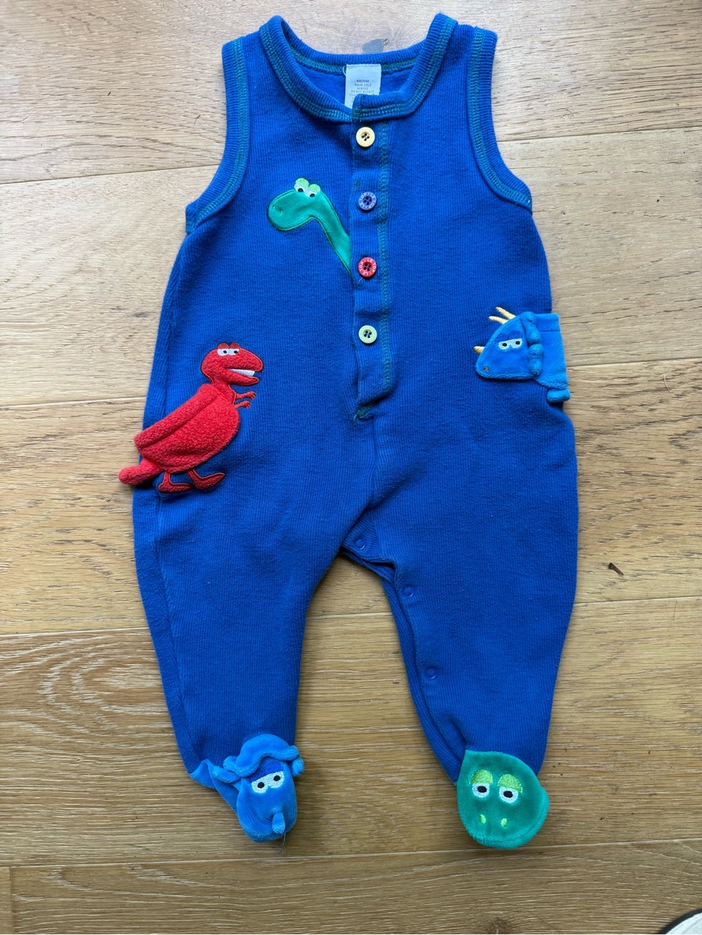 Vintage Y2K Le Top Baby Dinosaur Knit Romper – 6M – Blue – 3D Appliqué